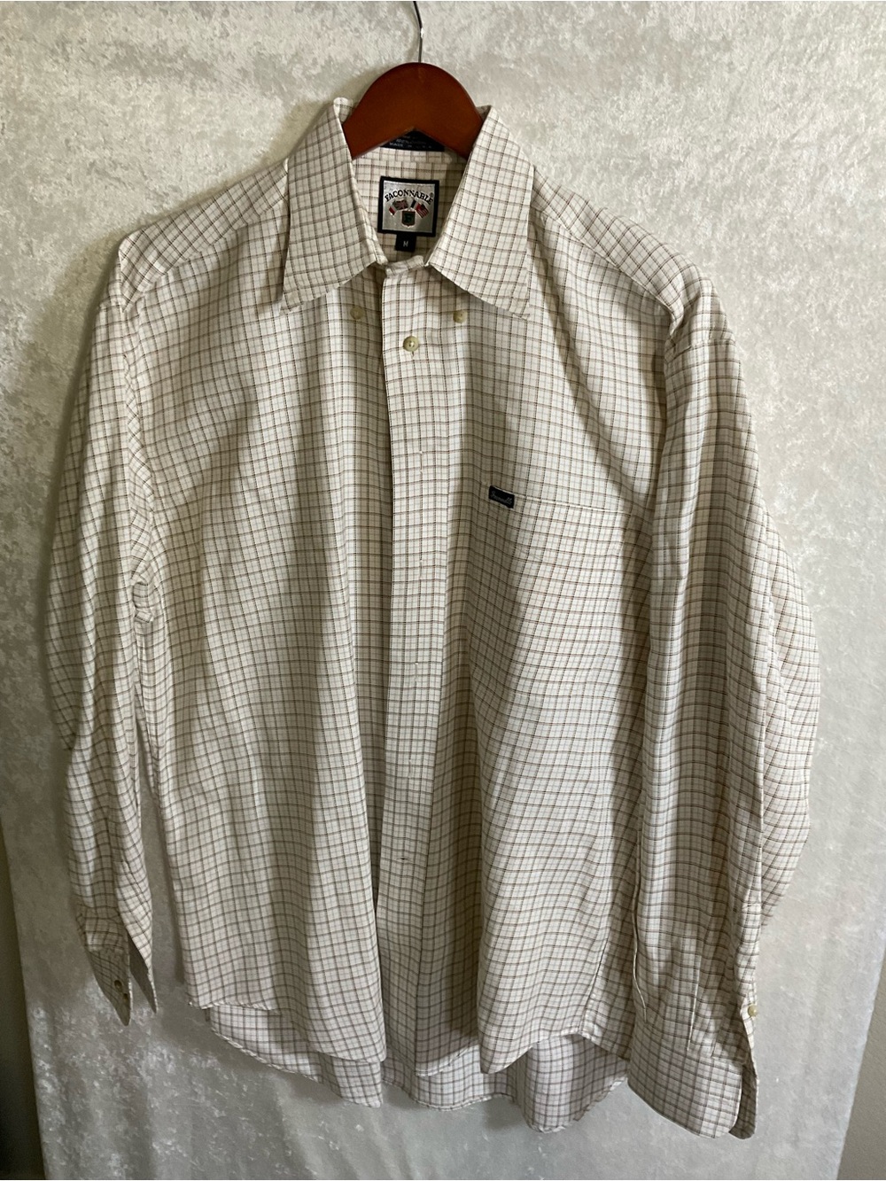 Faconnable Beige and Brown Checked Long-Sleeve Dress Shirt
